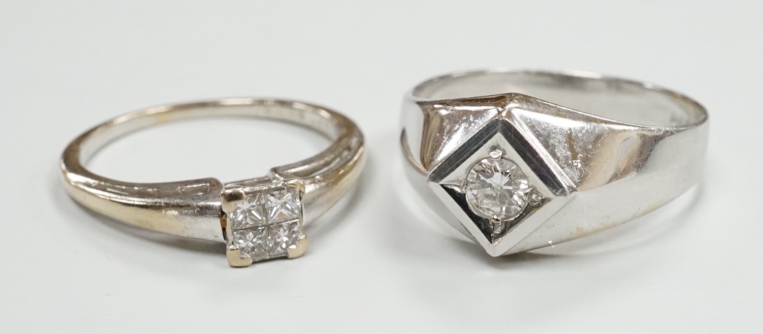 A 585 white metal and solitaire diamond ring, size U/V, gross weight 3.5 grams and a modern 18ct white gold and four stone diamond cluster set ring, size P/Q, gross weight 3.4 grams.